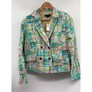 Talbots Blazer Double Breasted Madras Plaid Cotton Women 12 Pastel Pink Blue New